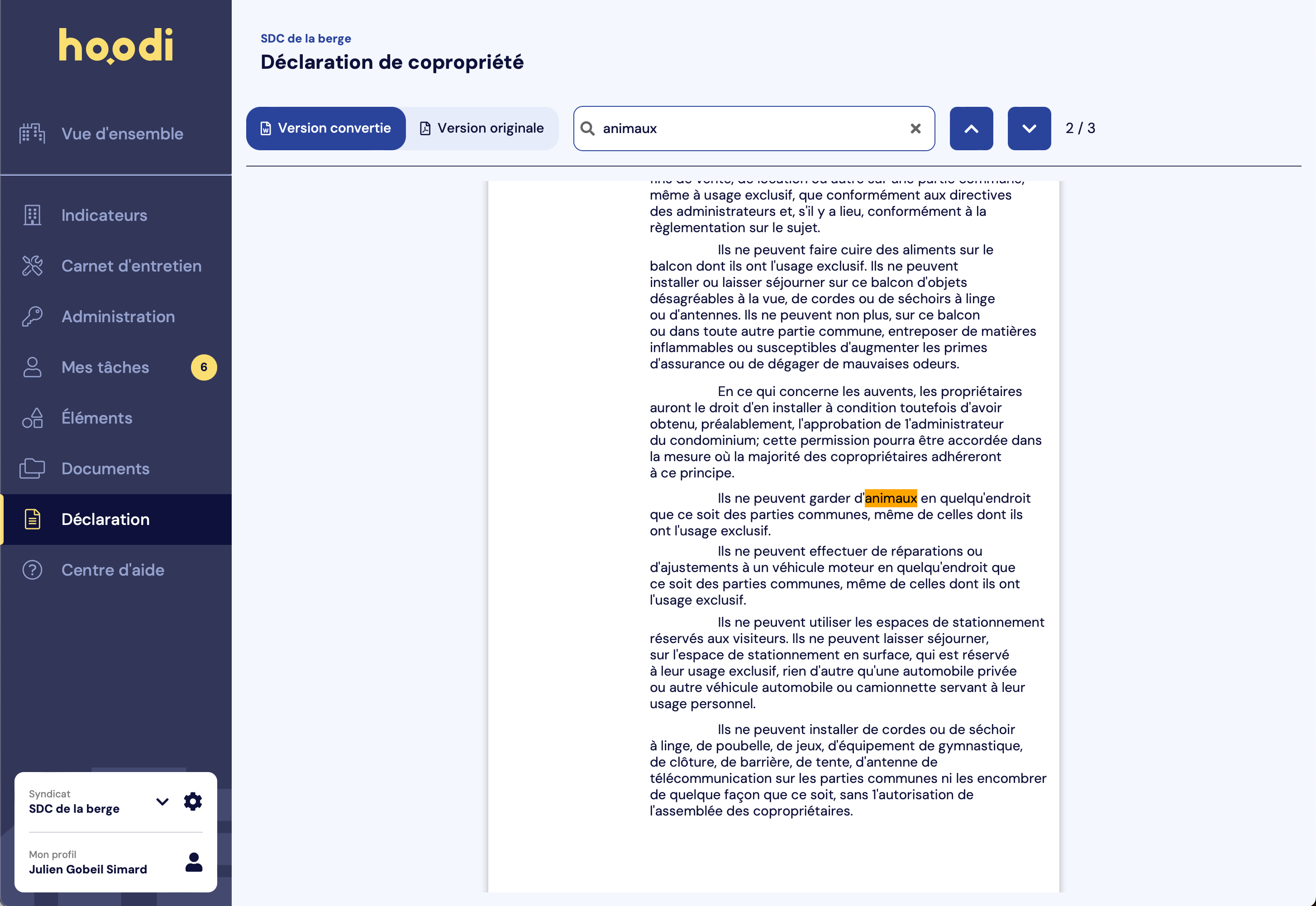 Recherche fonctionnelle dans la déclaration de copropriété hoodi