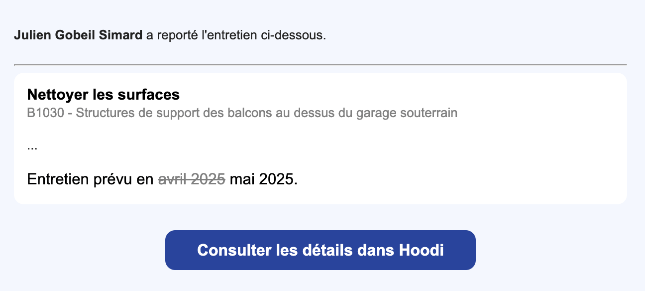 Courriel de notification Hoodi annonçant qu’un entretien de nettoyage des surfaces est reporté d’avril à mai 2025