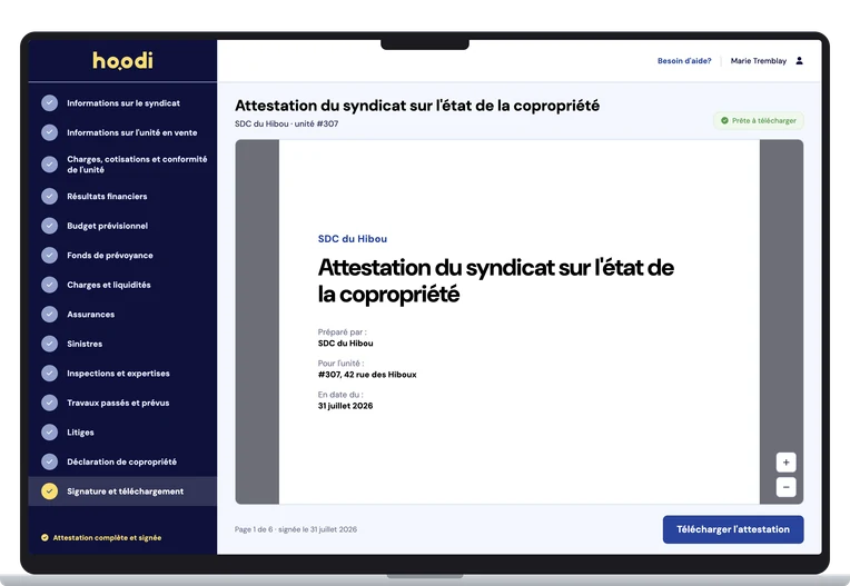 Capture d’écran : la préparation guidée d’une attestation du syndicat