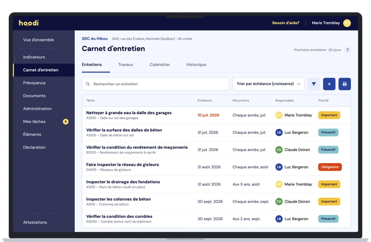 Capture d’écran : le carnet d’entretien numérique dans le logiciel Hoodi