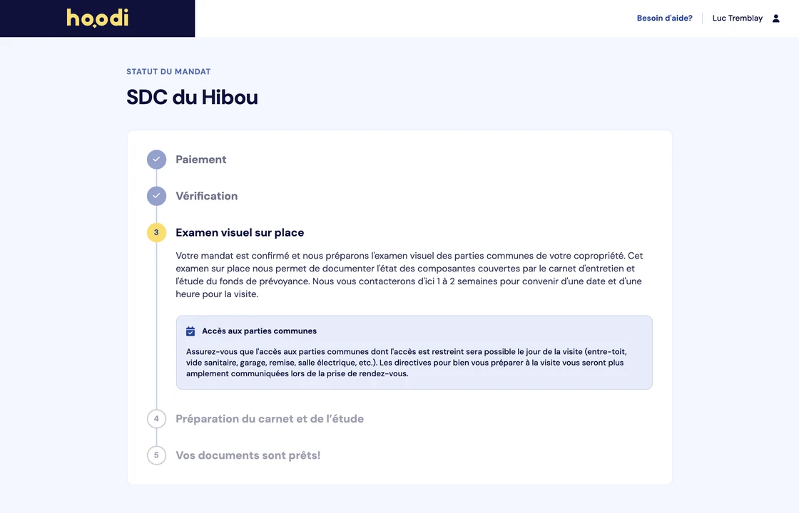 Capture d’écran : suivi de mandat en ligne dans le compte client Hoodi