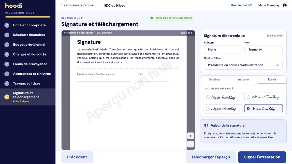 Capture d’écran : signature électronique de l’attestation