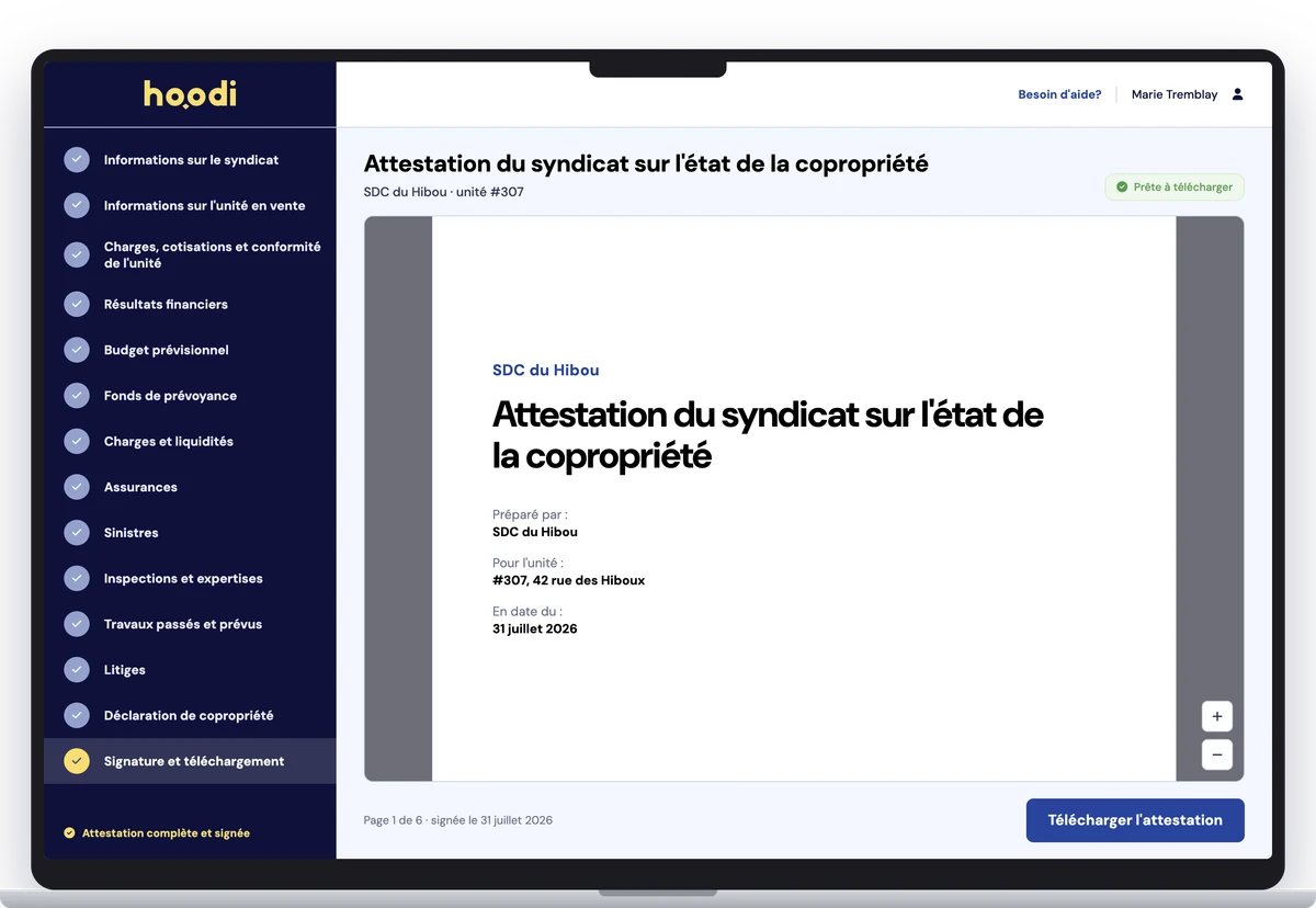 Capture d’écran : préparation d’une attestation