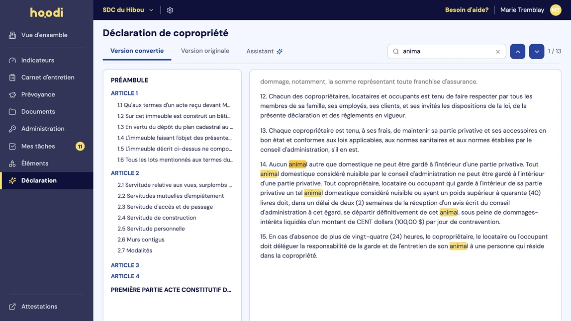 Capture d’écran : conversion de la déclaration de copropriété