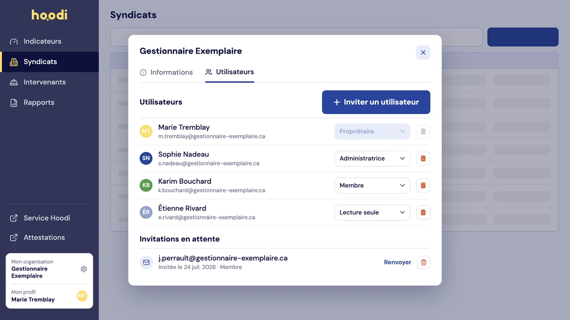 Capture d’écran : utilisateurs de l’organisation et rôle de chacun