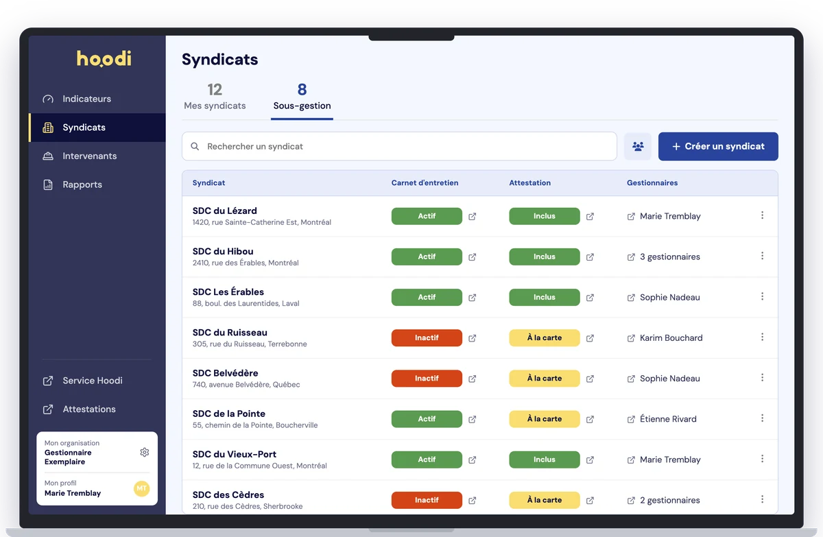 Capture d’écran : liste des syndicats sous gestion, avec l’état de leur carnet d’entretien et de leur attestation