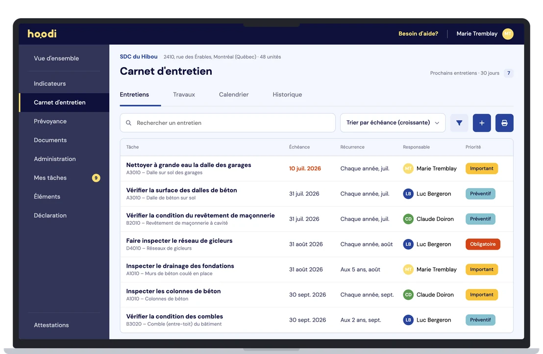Capture d’écran : le carnet d’entretien numérique dans le logiciel Hoodi, avec ses entretiens à échéance