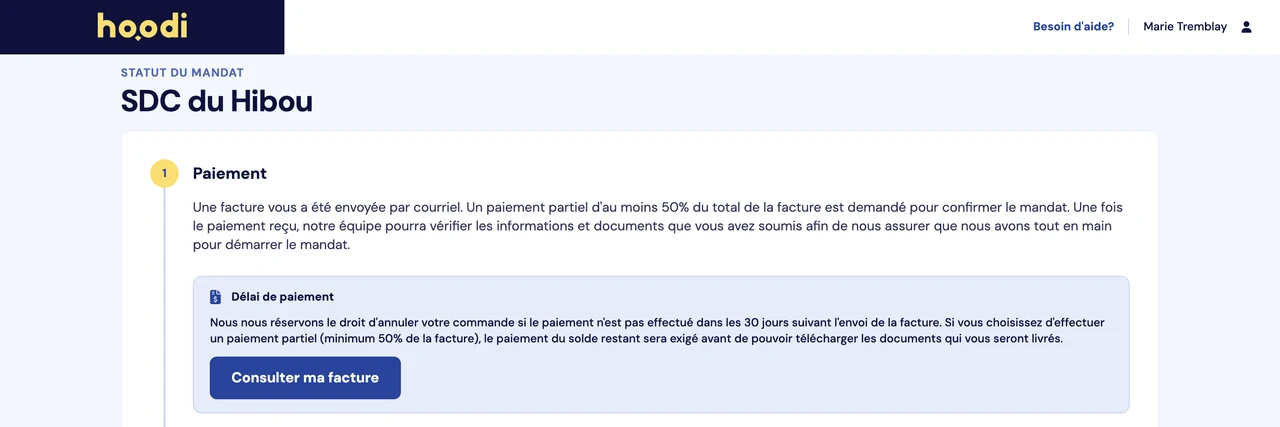 Capture d’écran : étape de paiement dans le compte client