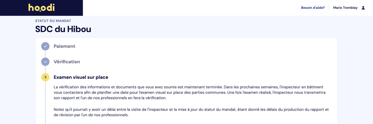 Capture d’écran : étape « Examen visuel sur place » dans le compte client