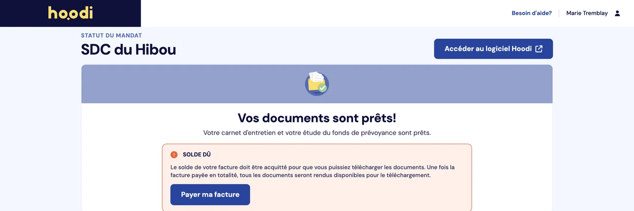Capture d’écran : solde à régler avant le téléchargement des documents