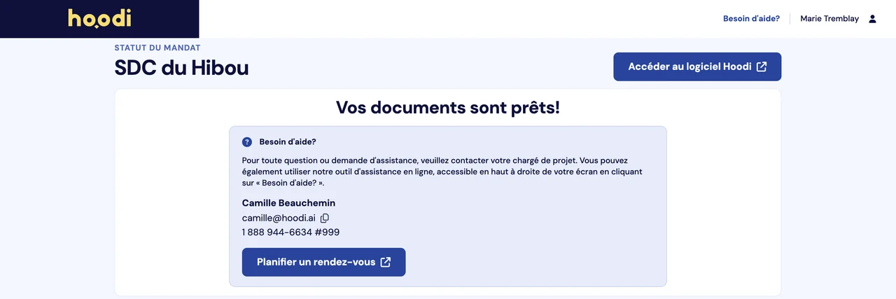 Capture d’écran : encart d’assistance affiché avec les documents livrés
